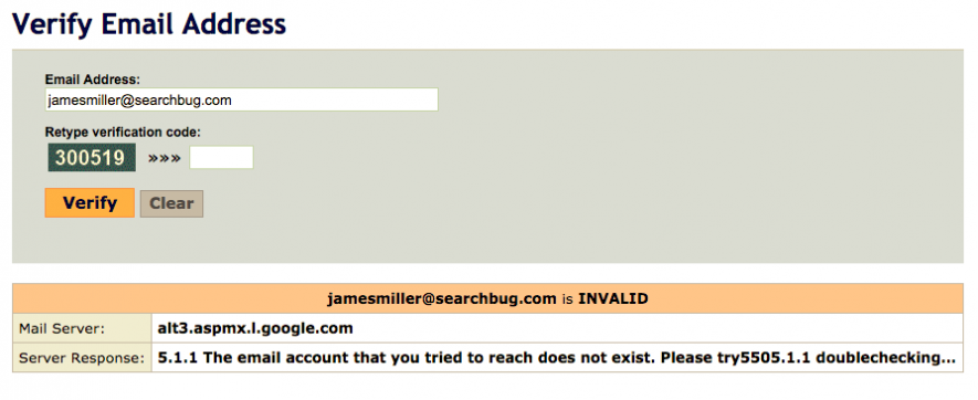 Searchbug found that my fake email address wasn't real with a simple email address validation check.